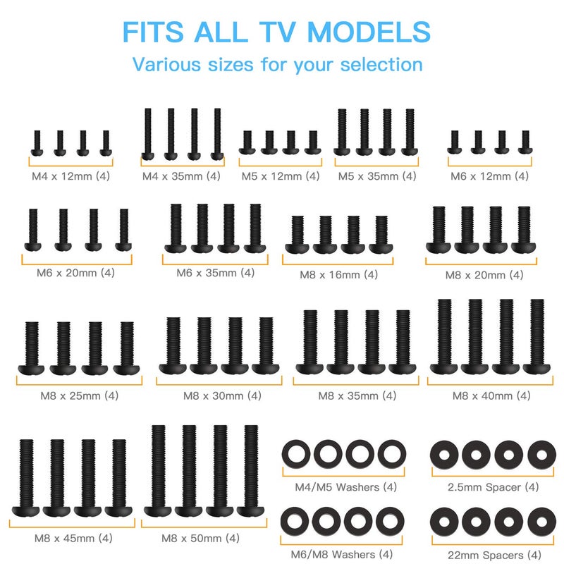 PERLESMITH Universal Mounting Hardware Kit Fits Most TVs, Includes M4, M5, M6 and M8 Screws, Washers and Spacers for Monitor, up to 80 inches, PSUHP - Image 2